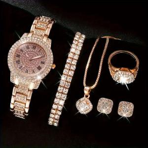 LP09 Women's Fashion Quartz Watch Necklace Bracelet Ring Stainless Steel Crystal Chain Glass Dial Window Alloy Earrings Set