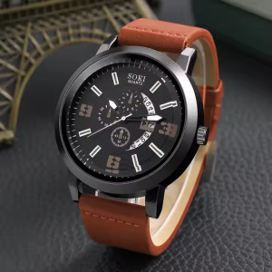 New Men's Business Alloy 4 Pcs Jewelry Set Casual Leather Strap Number Date Quartz Wristwatch Fashion Watch
