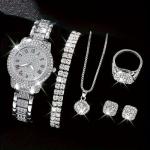 LP09 Women's Fashion Quartz Watch Necklace Bracelet Ring Stainless Steel Crystal Chain Glass Dial Window Alloy Earrings Set