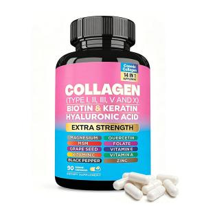 Collagen (Type I, II, III, V and X) with Biotin & Keratin, Hyaluronic Acid (14 in 1 Formula, Extra Strength)